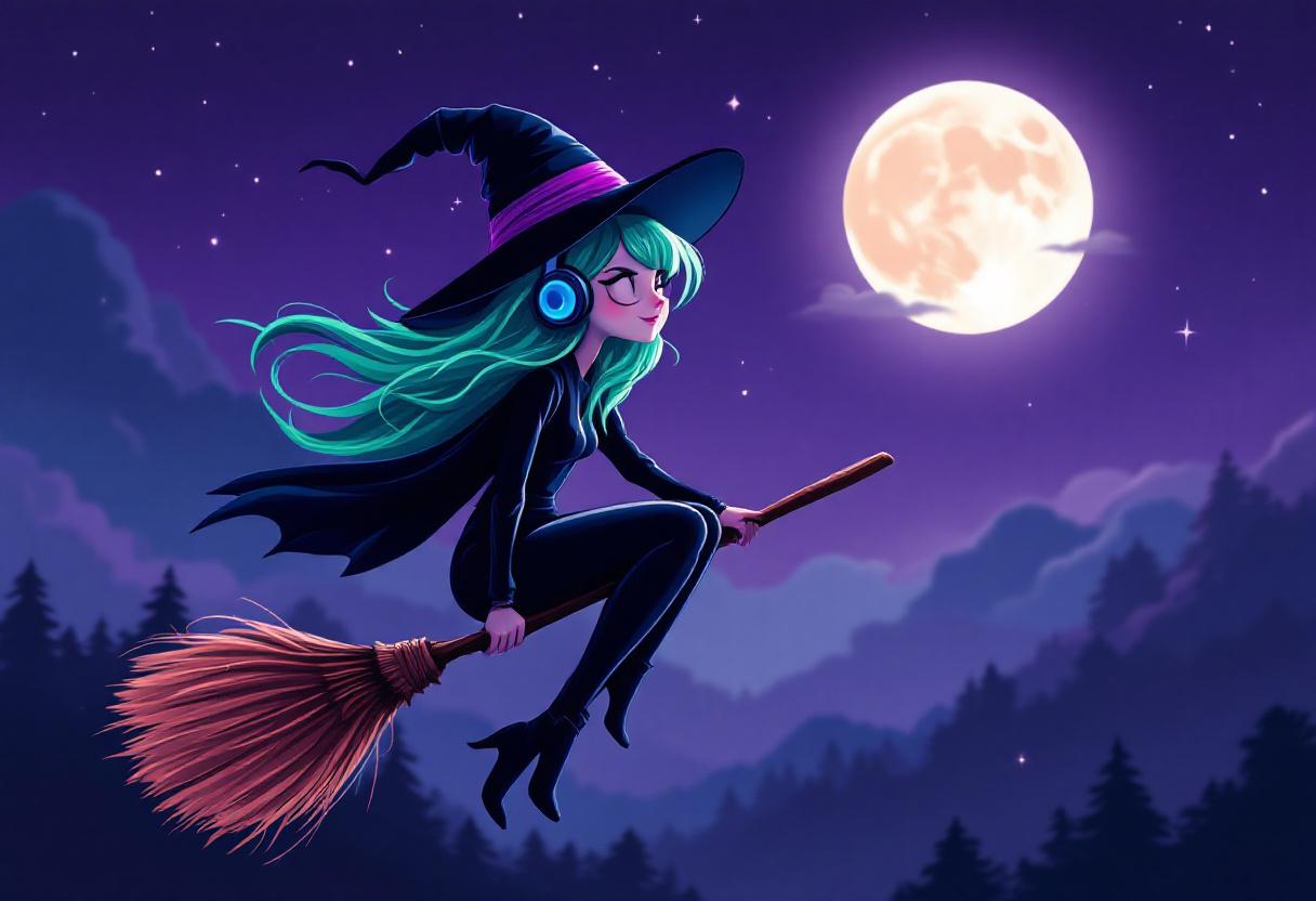 Personagem infantil voando em uma noite estrelada