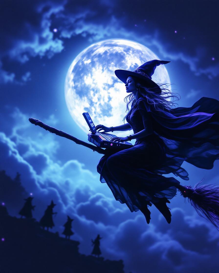 Personagem de fantasia voando diante da lua